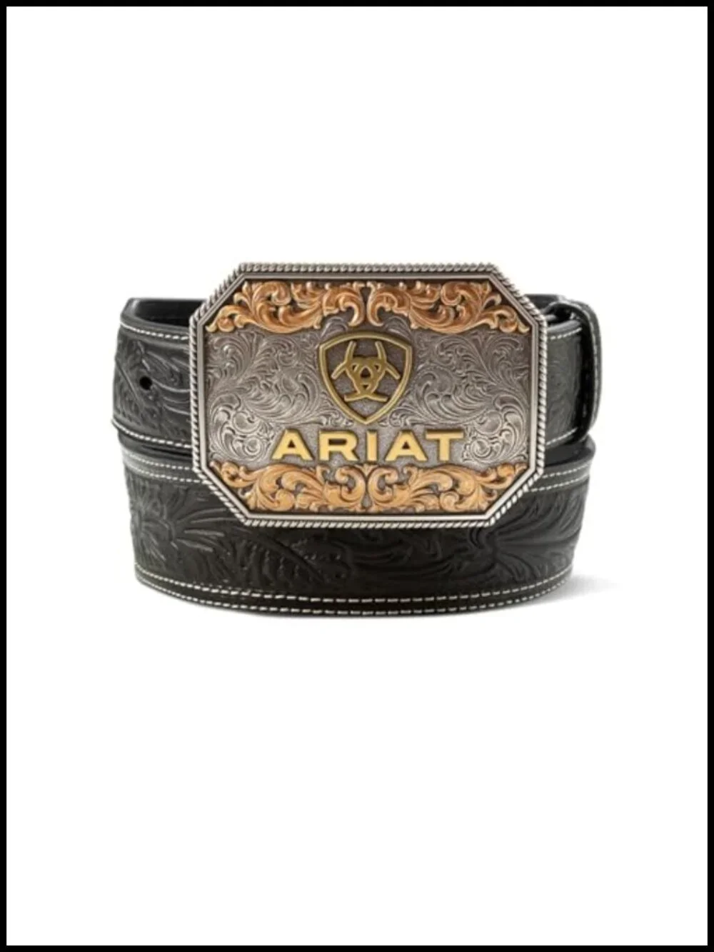 Tapered Western Leather Belt with Floral Embossed Design and Two-Tone Buckle